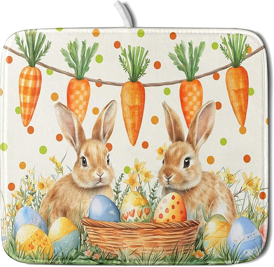 Giwawa Easter Bunny Dish Drying Mat Eggs Carrot Dishes Drainer Pad Absorbent Reversible Dish Rack Mat Protector for Kitchen Countertop 16x18 Inch