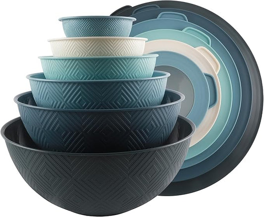 COOK WITH COLOR Mixing Bowls with Lids - 12 Piece Plastic Nesting Bowls Set includes 6 Prep Bowls and 6 Lids, Microwave Safe Mixing Bowl Set, Blue Rhombus by CookwithColor
