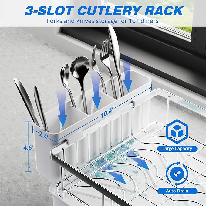 Godboat Dish Drying Rack, 2-Tier Dish Rack with Auto-Drain & Mat, 304 Stainless Steel Dish Racks for Kitchen Counter, Dish Drainer with Knife, Fork & Cup Rack, Gifts for Women, Mothers Day, Silver - Image 5