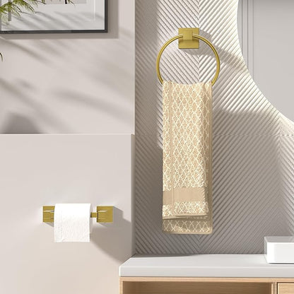 FORIOUS Toilet Paper Holder Wall Mount and Hand Towel Ring Set, SUS 304 Stainless Steel Double Post Pivoting Tissue Roll Holder, Modern Bathroom Hardware Accessories Set, Brushed Gold