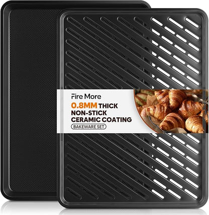 Half Sheet Pan with Cooling Rack 17.3” x 13.1”, Cookie Sheets for Baking 0.8mm Thick Non Stick Baking Sheets for Oven Heavy Duty Baking Trays with Diamond Texture by FireMore