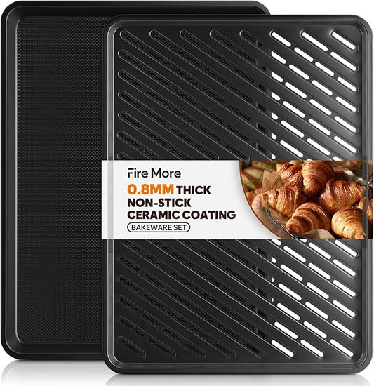 Half Sheet Pan with Cooling Rack 17.3” x 13.1”, Cookie Sheets for Baking 0.8mm Thick Non Stick Baking Sheets for Oven Heavy Duty Baking Trays with Diamond Texture by FireMore