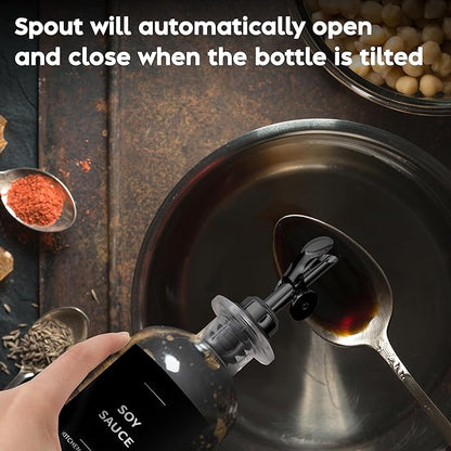 Spaceneat Oil Dispenser for Kitchen - Glass Olive Oil Bottle Set of 2 (16.9oz) with Black Weighted Self-Closing Pourer - Cooking Oil Dispenser with 66 Labels, Aligner & Funnel