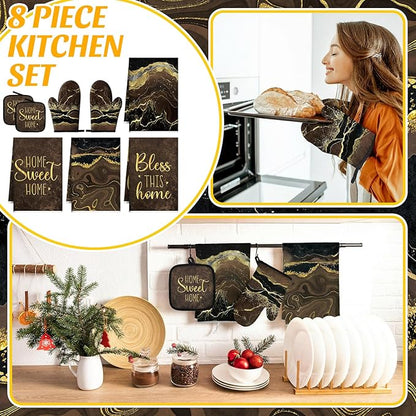 Leinuosen 8 Pcs Kitchen Towels and Dishcloths Sets Oven Mitts and Pot Holders Sets Absorbent Kitchen Gloves Potholders Heat Resistant for Chef Baking Cooking(Coffee,Marble)