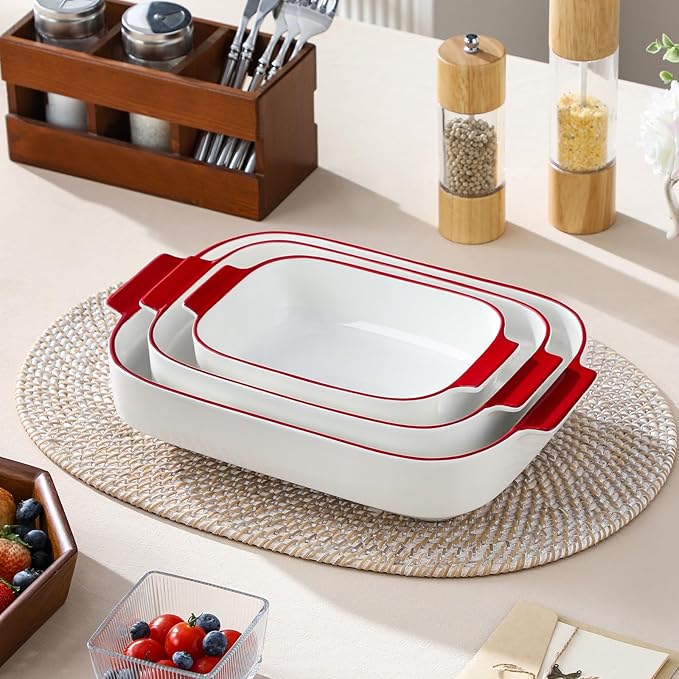 MALACASA Casserole Dishes for Oven, Ceramic Baking Dishes Set of 3, Rectangular Lasagna Pan Deep Baking Pans, Bakeware Sets with Handles Gift Set, White with Red Trim (13.8''/11.7''/9.4''), Series BAKE - Image 7