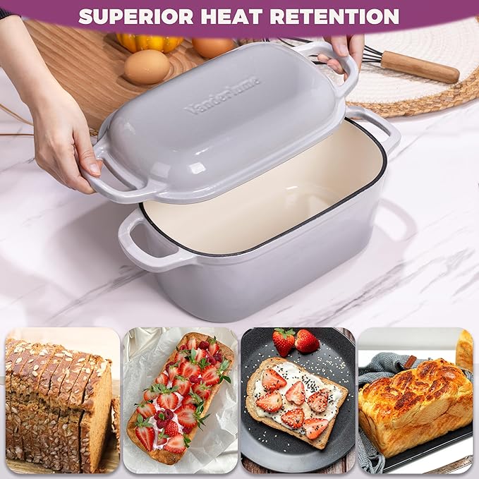 4.6-Quart Oval Dutch Oven for Bread Baking, 2 in 1 Cast Iron Bread Pan with Lid, Sourdough Bread Dutch Oven for a Crispy Crust, Oyster Grey