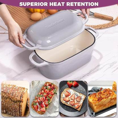 4.6-Quart Oval Dutch Oven for Bread Baking, 2 in 1 Cast Iron Bread Pan with Lid, Sourdough Bread Dutch Oven for a Crispy Crust, Oyster Grey
