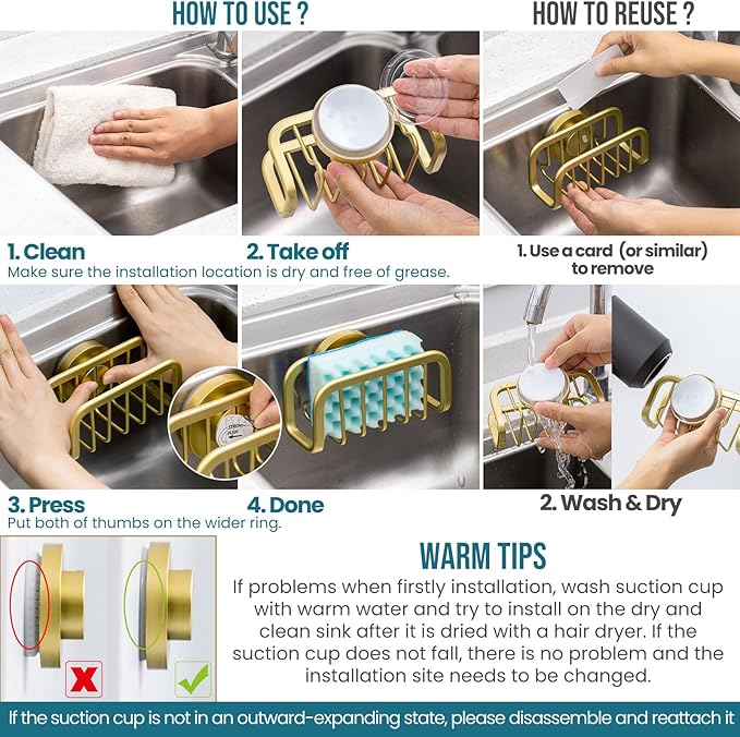 TAILI Sponge Holder for Kitchen Sink with Strong Suction Cup, Rustproof Aluminum Sink Caddy for Sponges, Removable Sponge Holder, Dish Brush for Scraper - Gold - Image 7