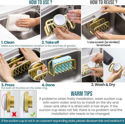 TAILI Sponge Holder for Kitchen Sink with Strong Suction Cup, Rustproof Aluminum Sink Caddy for Sponges, Removable Sponge Holder, Dish Brush for Scraper - Gold - Image 7