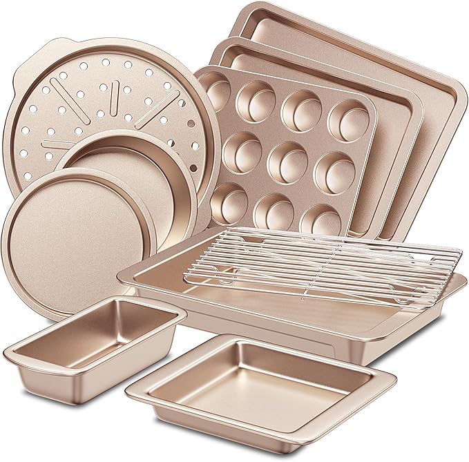 HONGBAKE Bakeware Sets, Baking Pans Set, Nonstick Oven Pan for Kitchen with Wider Grips, 10-Piece Including Rack, Cookie Sheet, Cake Pans, Loaf Pan, Muffin Pan, Pizza Pan - Champagne Gold by HONGBAKE