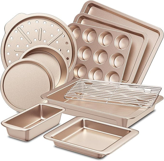 HONGBAKE Bakeware Sets, Baking Pans Set, Nonstick Oven Pan for Kitchen with Wider Grips, 10-Piece Including Rack, Cookie Sheet, Cake Pans, Loaf Pan, Muffin Pan, Pizza Pan - Champagne Gold by HONGBAKE