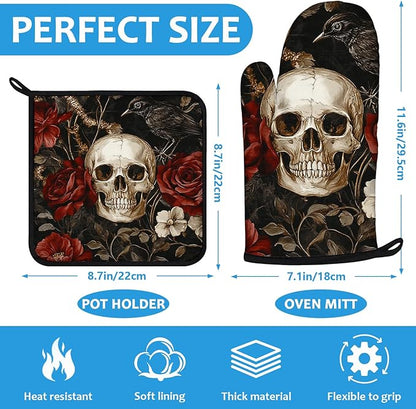 Halloween Skull Rose Crow Oven Mitts and Pot Holders Sets Heat Resistant 4Pcs Potholders Oven Gloves Hot Pads for Kitchen Baking Cooking Grilling BBQ