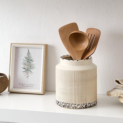 JIEMEI HOME Kitchen Utensil Holder, 6.77" Ceramic Farmhouse Stable Utensil Crock for Countertop, Vintage Style Cooking Tool Organizer with Cork Mat, Spatula Holder For Kitchen Decor, Antique Beige - Image 3