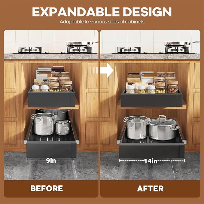 Seinloes 4 Pack Expandable (9"-14") Pull Out Cabinet Organizer 21" Deep With Raising Pad for Framed Cabinets,Upgrade 3 Slide Rails Slide Out Drawers,No Drill Roll Out Shelves Adhesive,Black - Image 4