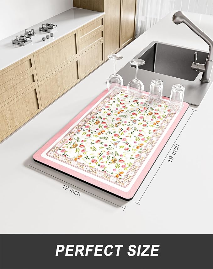 Rnivvi Dish Drying Mat for Kitchen Counter, 12 x 19" Cute Flower Theme Super Absorbent Draining Pad, Non-Slip Heat Resistant Coffee Bar Mats for Coffee Machine Station Accessories, Pink Dish Rack Pad - Image 2