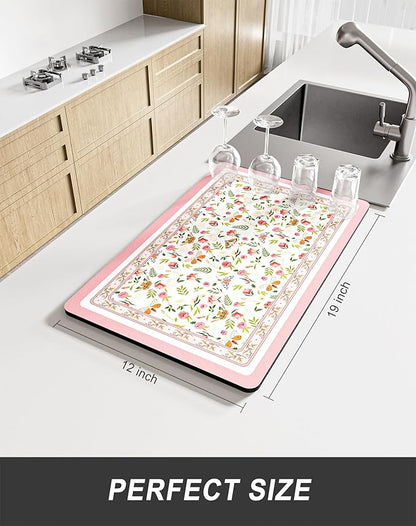 Rnivvi Dish Drying Mat for Kitchen Counter, 12 x 19" Cute Flower Theme Super Absorbent Draining Pad, Non-Slip Heat Resistant Coffee Bar Mats for Coffee Machine Station Accessories, Pink Dish Rack Pad - Image 2