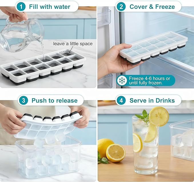 NFK Ice Cube Tray with Lid & Bin - 4 Pack 48 Cubes Stackable Silicone Trays for Freezer with Storage Container, Leak-Proof Lids, BPA-Free, Easy Release for Kitchen, RV, Party, Cocktail & Coffee - Image 7