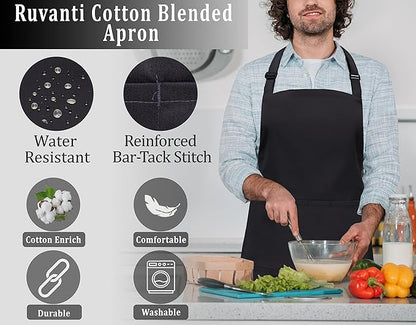RUVANTI Work Aprons for Men/Women with Pockets - Adjustable up to XXL - Professional Grade Durability - Black Apron for Barber, Chef, BBQ, Kitchen, Cleaning - 2 Pack