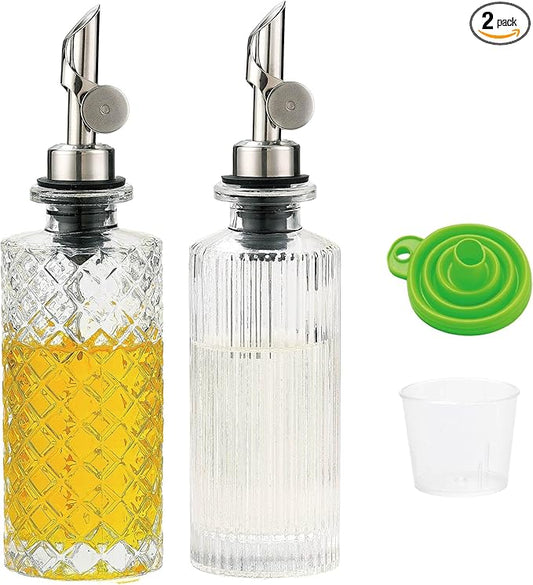 Glass Olive Oil Dispenser Bottle Small, 6.5 Oz/ 200 ml Coffee Simple Syrup Bottles with Silver Metal Pour Spout, Funnel, Measuring Cup, Oil and Vinegar Bottle for Kitchen (2 Pack) by MOLADRI