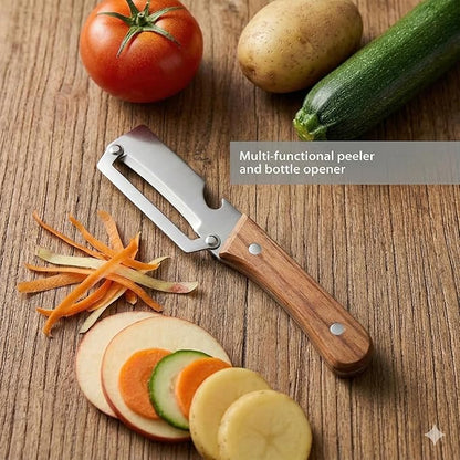 2-in-1 Vegetable Peeler with Wooden Handle, Premium Stainless Steel Peeler with Built-in Bottle Opener, Multifunctional Kitchen Tool for Potato, Apple, Carrot, Pumpkin (1) - Image 6