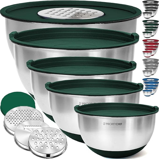 Priority Chef Stainless Steel Mixing Bowls with Lids Set, 3 Grater Attachments, Airtight Lids, Non-Slip Silicone Base Mixing Bowl Set, Large Prep Metal Mixing Bowls for Kitchen, Green by PriorityChef