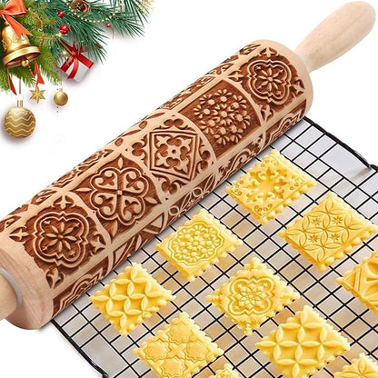 Christmas Embossed Rolling Pin for Baking Cookies Embossing Rolling Pins with Design Wooden Engraved Springerle Roller Pin Dough Patterned Clay Pottery Ceramic Bakers Women (Vintage Square Patterns)