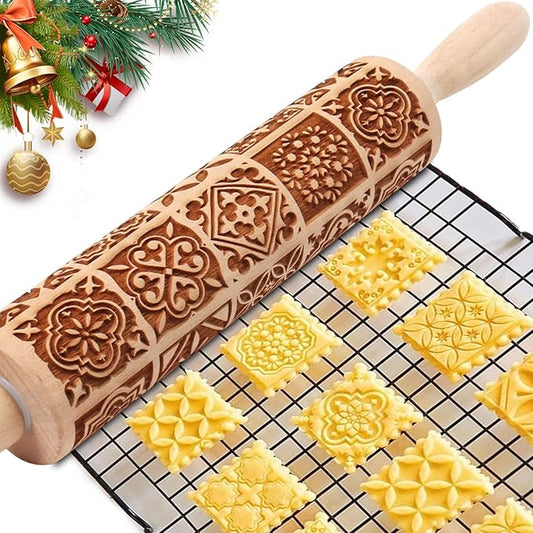 Christmas Embossed Rolling Pin for Baking Cookies Embossing Rolling Pins with Design Wooden Engraved Springerle Roller Pin Dough Patterned Clay Pottery Ceramic Bakers Women (Vintage Square Patterns)