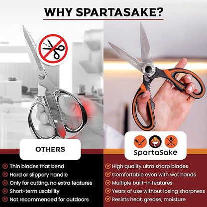 SpartaSake Premium Stainless Steel All Purpose Kitchen Shears with Sleeve - Heavy Duty Ultra Sharp kitchen Scissors for Food - Multipurpose Food Scissors for Meat Poultry Vegetable (Black-Orange)