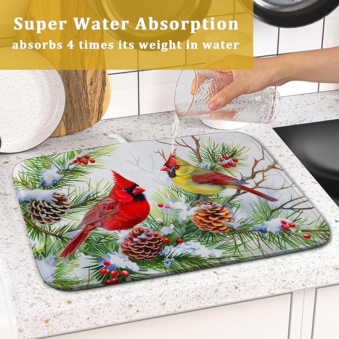 Giwawa Red Birds Dish Drying Mat, Xmas Tree Branch Holly Red Berries Dish Drainer Mats, Winter Snow Pine Cones Reversible Dish Drying Rack Pad Protector for Kitchen Countertop Decor, 16"x18"
