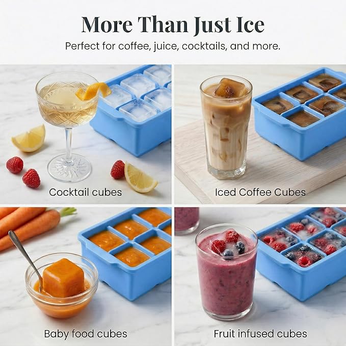 KitchFort Large Silicone Ice Cube Tray (3-Pack), Easy Release 2" Big Ice Cubes - Cocktail, Whiskey Ice Cubes Mold - Ice Trays for Freezer with Lid - Stackable Silicone Ice Tray - Blue