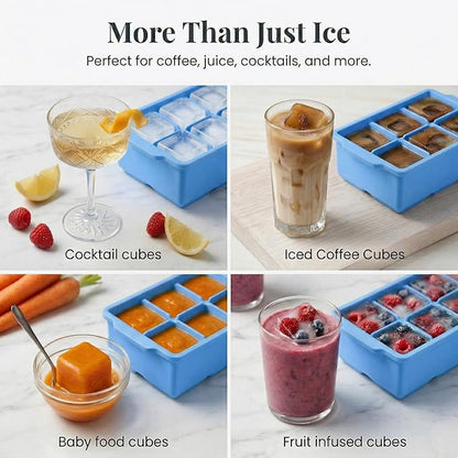 KitchFort Large Silicone Ice Cube Tray (3-Pack), Easy Release 2" Big Ice Cubes - Cocktail, Whiskey Ice Cubes Mold - Ice Trays for Freezer with Lid - Stackable Silicone Ice Tray - Blue