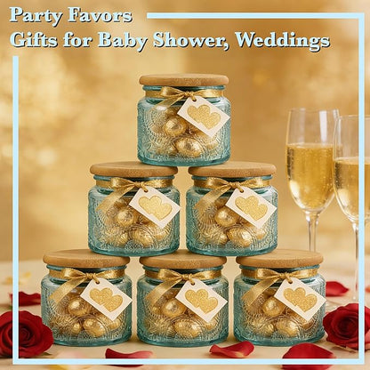 4 oz Blue Mini Glass Jars with Airtight Bamboo Lids 6 pack, Decorative Small Food Storage Canister, Vintage Embossed Home Décor Candle Parties Wedding Baby Shower Favors Gift