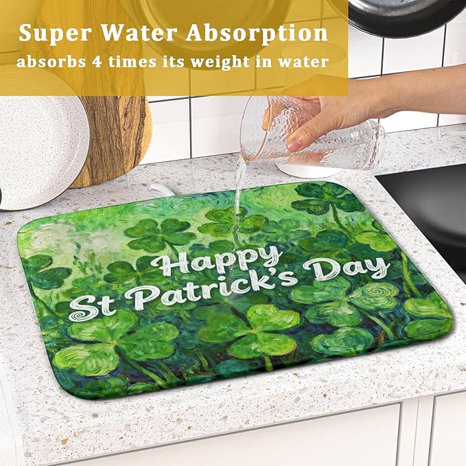 St Patricks Day Lucky Clover Dish Drying Mat for Kitchen Counter 16x18 Green Shamrock Happy Holiday Theme Absorbent Reversible Microfiber Drying Mats Kitchen Countertop Protector Dishes Drainer Pad - Image 7