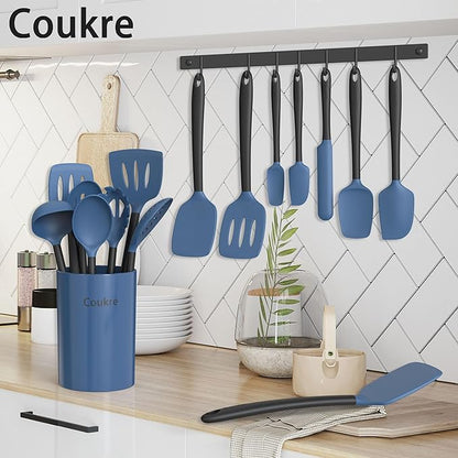 Coukre Silicone Kitchen Cooking Utensils Set with Holder – Heat-Resistant, Food-Grade Kitchen Tools, Spatula, Spoon & Gadgets for Non-Stick Pans, Dishwasher Safe (14, DarkBlue) - Image 6