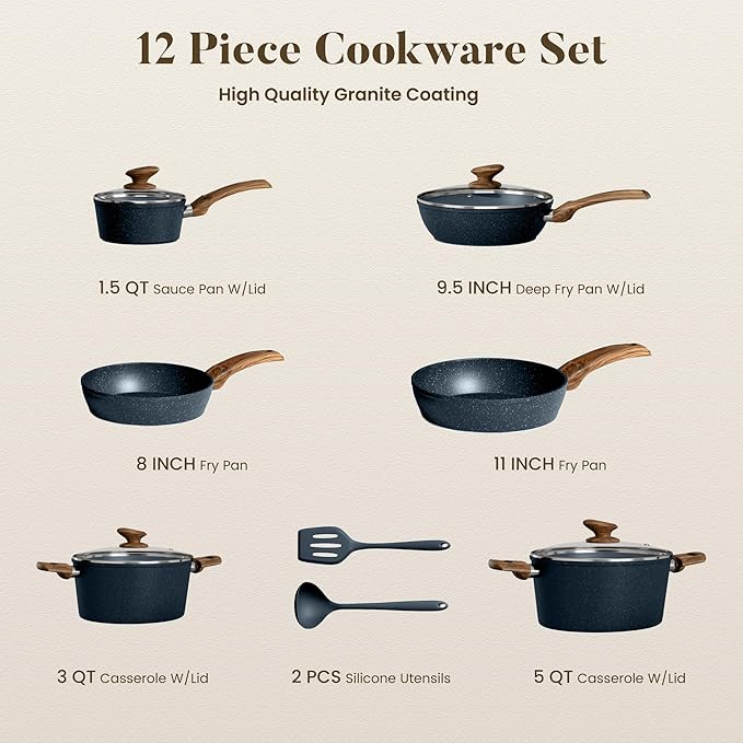 Kitchen Academy Pots and Pans Set Non Stick - 12 Piece Induction Kitchen Cookware Sets, Blue Granite Nonstick Cooking Pans Set - Image 8