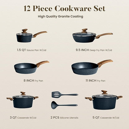 Kitchen Academy Pots and Pans Set Non Stick - 12 Piece Induction Kitchen Cookware Sets, Blue Granite Nonstick Cooking Pans Set - Image 8