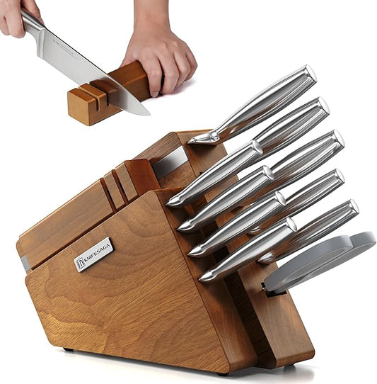 KnifeSaga Kitchen Knife Set with Block and Sharpener | 12-Piece Premium High Carbon Stainless Steel Knife Block Set, Ergonomic Anti-Slip Handle, Rubberwood Knife Block