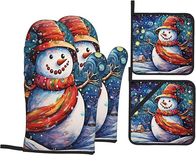 Winter Snowman Oven Mitts & Potholder Set of 4 - Heat Resistant Kitchen Gloves Hot Pads for Baking, Cooking, Gifts for Women