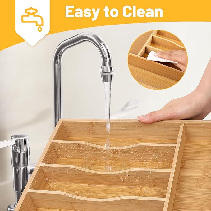 Kitchen Bamboo Silverware Organizer, Kitchen Drawer Organizer - Utensil Holder and Cutlery Tray with Grooved Drawer Dividers for Flatware 7 Slot, Natural - Image 6