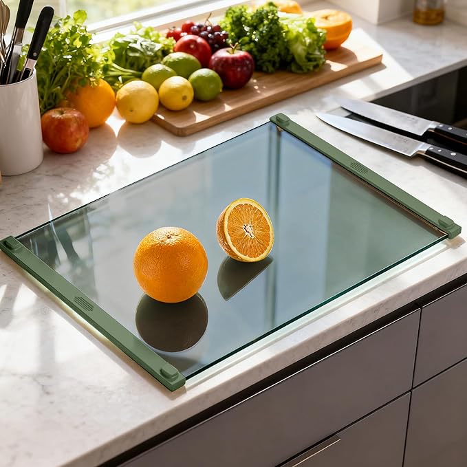 Glass Cutting Boards for Kitchen(12x16" & 12x8"),European Grey Glass Paired with Lemon Green Silicone Grip,No Scratches/Microplastic-Free/Non Toxic,Excellent Gift for Mother's Day and Father's Day