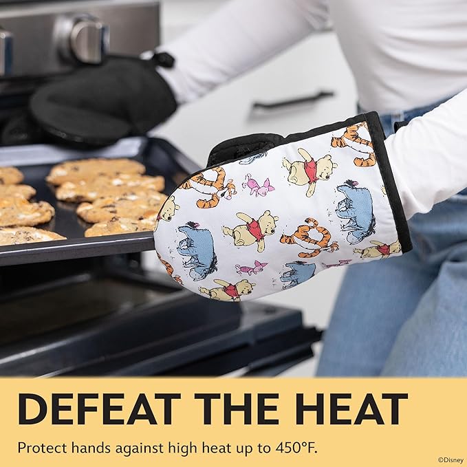 Disney Oven Mitts 2-Pack - 5.5” x 7.5” Heat-Resistant Mini Oven Mitts with Non-Slip Printed Silicone Disney Silhouettes - Pot Holders for Kitchen - Mickey & Minnie, Stitch, Winnie the Pooh