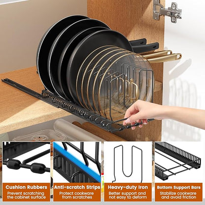 Housolution 2 Pack Pull Out Pot and Pan Organizer for Under Cabinet, Slide Out Pot Lid Organizer with 10 Adjustable Dividers, Sliding Pan Holder Storage Rack Inside Cabinet, Black - Image 4