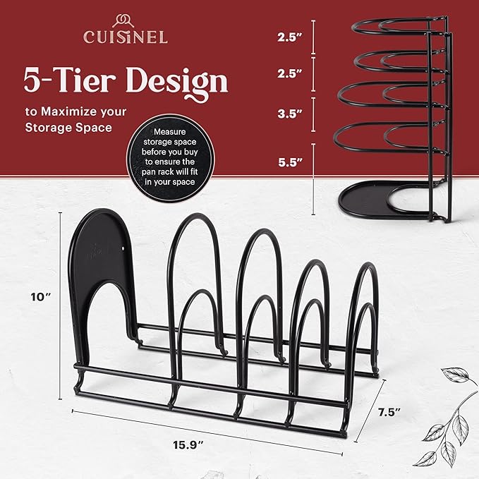 Cuisinel Pots and Pans Organizer Rack - 60 to 100-LBS Capacity Extremely Heavy Duty - 8mm Thick - Made in India - Matte-Black 15.9"-Tall 5-Tier Space Saving Kitchen Cookware Storage - Image 2