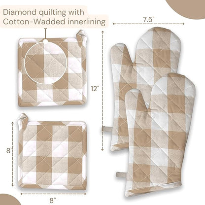 Buffalo Plaid Check Oven Mitts and Pot Holders Set, 100% Cotton, Heat Resistant, Includes 2 Oven Gloves (7x13 Inches) and 2 Hot Pads (8x8 Inches) for Cooking and Baking, Beige White