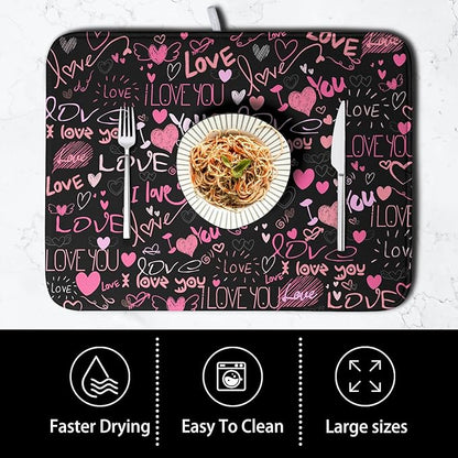 Mother's Day Dish Drying Mat for Kitchen Counter Love Heart Black Drying Mats Absorbent Reversible Microfiber Dish Pad Washable Dish Draining Mat Extra Large 16x18 inch - Image 4