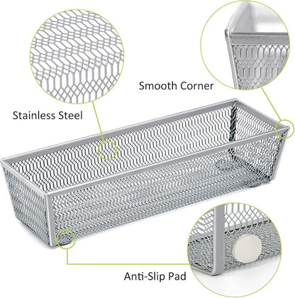 Neudeco Silverware Organizer,Mesh Drawer Organizer for Kitchen，Metal Utensil Organizer for Flatware, Knives, Spoons,Cosmetic (Silver 9 * 3 * 2 inch Pack6)