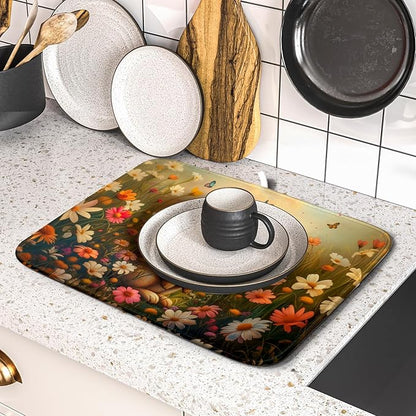 Giwawa Easter Bunny Dish Drying Mat Flower Butterfly Kitchen Drainer Mat 16x18 inch Absorbent Reversible Dish Rack Pad for Counter Tabletop Decor