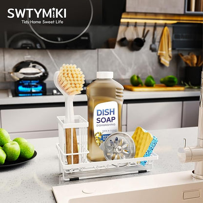 SWTYMIKI Sink Caddy Sponge Holder - Kitchen Sink Organizer with High Brush Holder for Countertop to Hold Dish Soaps and Sponges, Stainless Steel, White - Image 2