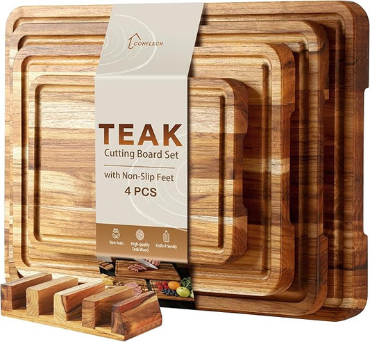 4 Pack Teak Cutting Board Set for Kitchen Wood Cutting Board Heavy Duty Non Toxic Non Slip Solid Thick Wooden Chopping Board