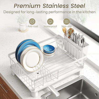 SNTD Dish Drying Rack - Small Dish Rack for Kitchen Counter, Stainless Steel Dish Drainer with Utensil Holder and Drainboard, 11" W x 15" L (White) - Image 5